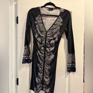 Black Long Sleeve V-Neck Dress with Silver Scroll Detailing